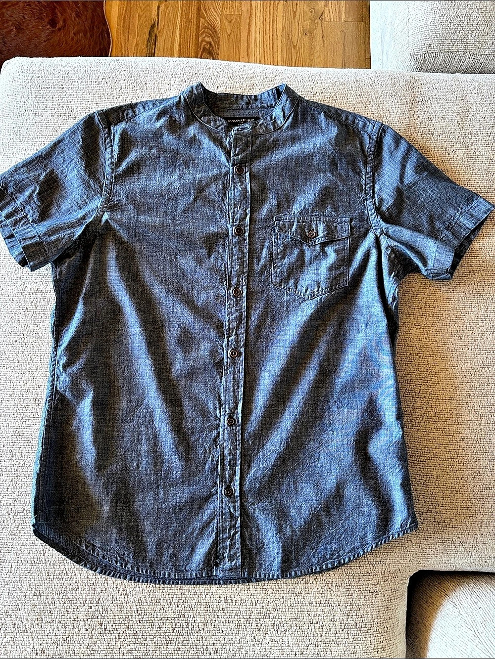 Banana Republic Slim Fit Band Collar Chambray Shirt Blue 100% Cotton Large